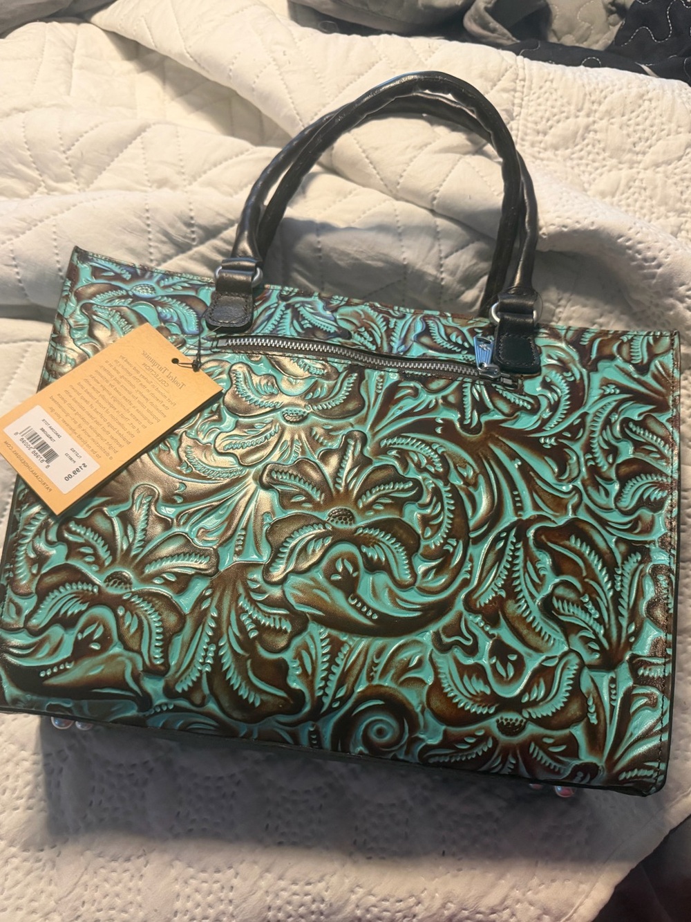 Patricia Nash Turquoise and Brown Tooled Tote